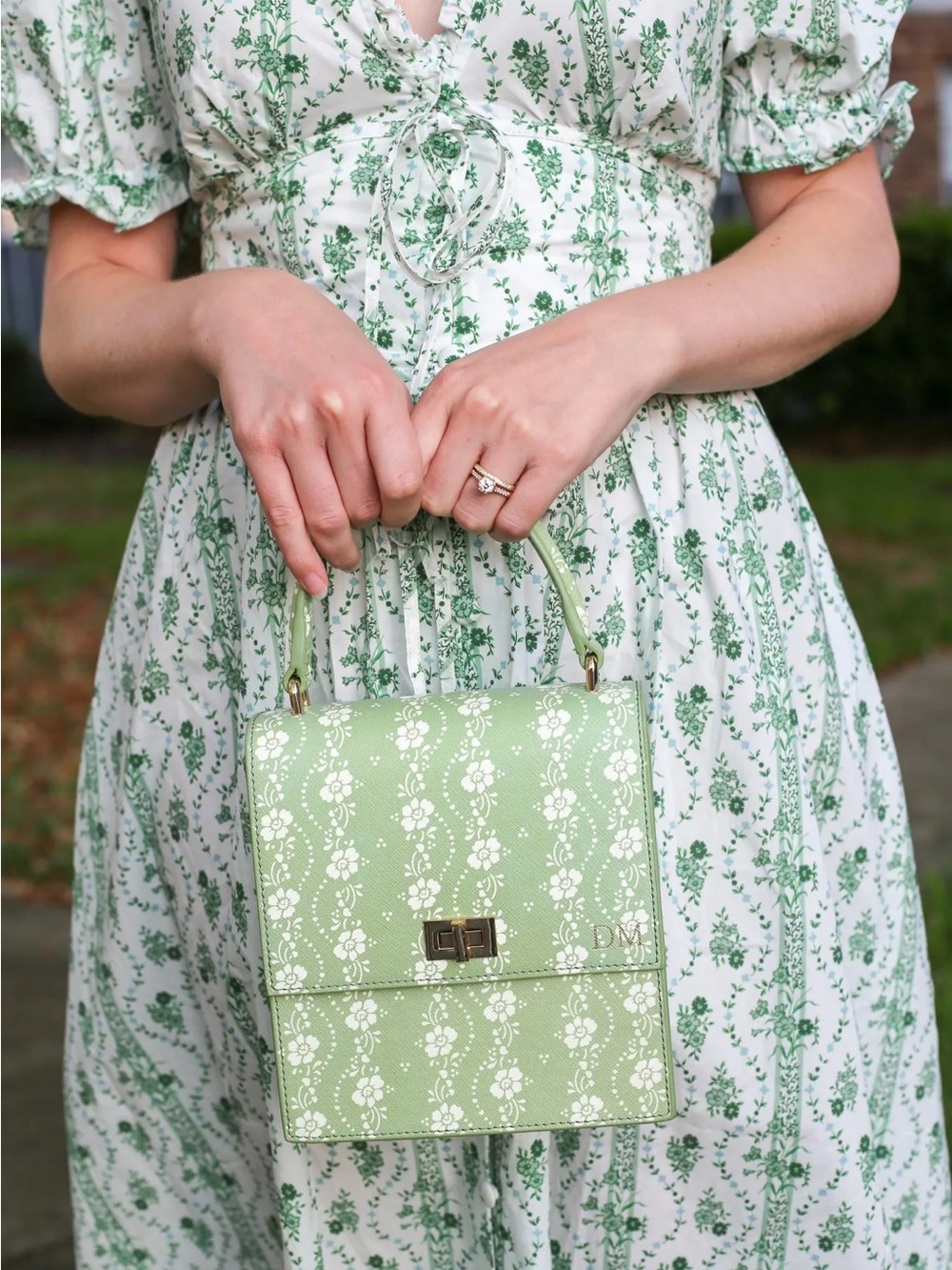 Hill House Green and White Sabrina Floral Midi Dress with Puff Sleeves - Picture 2 of 5